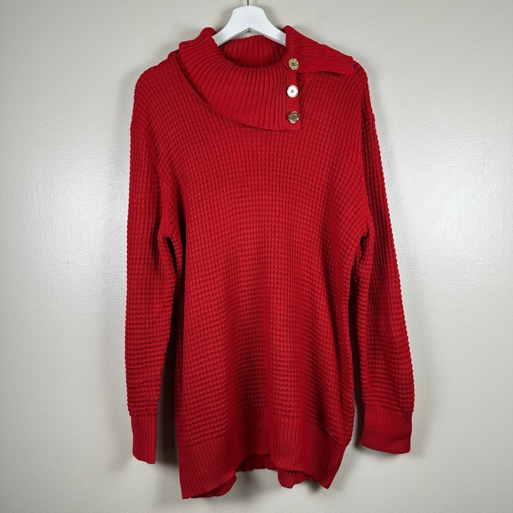 Calvin Klein Women's XL Cowl Neck Sweater Red Waffle Knit Button Preppy NEW